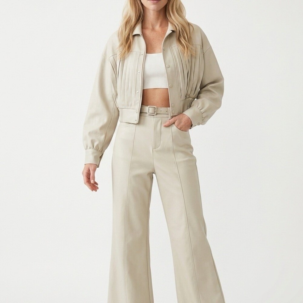 Mulla Suit Set Womens Size M light gray 3-Piece Cropped Jacket Flare Pants Belt - Picture 3 of 5